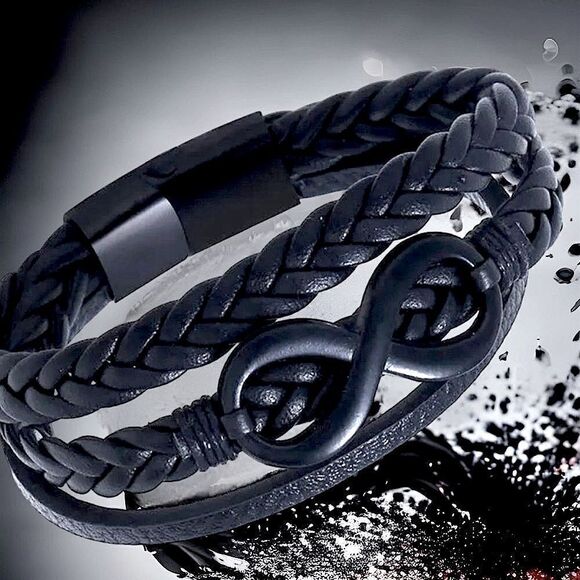 Men’s Infinity Leather Bracelet l Titanium Steel l Magnetic Closure l 2 Sizes - Picture 1 of 7